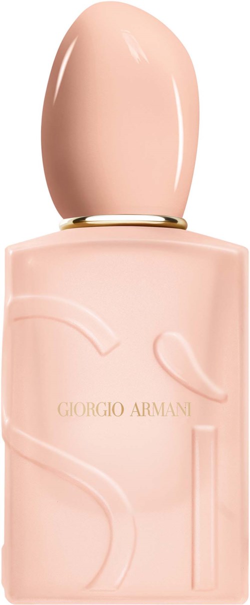 Vaaleanpunainen Giorgio Armani -hajuvesipullo, pyöreä kansi ja yksinkertainen muoto.