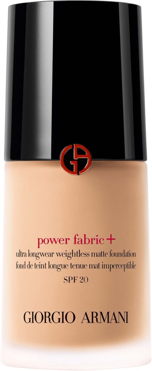 A Giorgio Armani foundation bottle with a black cap, beige liquid, and red and black text on the front.