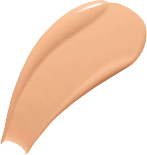 A beige, smooth liquid makeup product swatched on a surface with a curved shape.