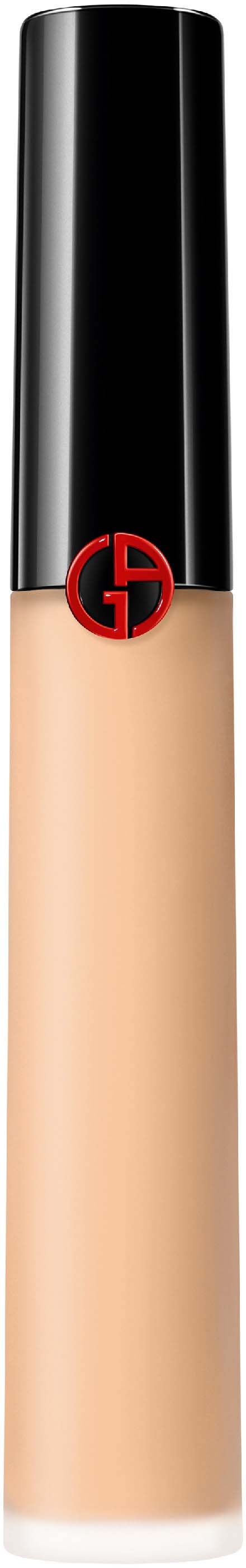 Eine beige Foundationsflasche mit schwarzem Deckel und rotem und schwarzem Logo.