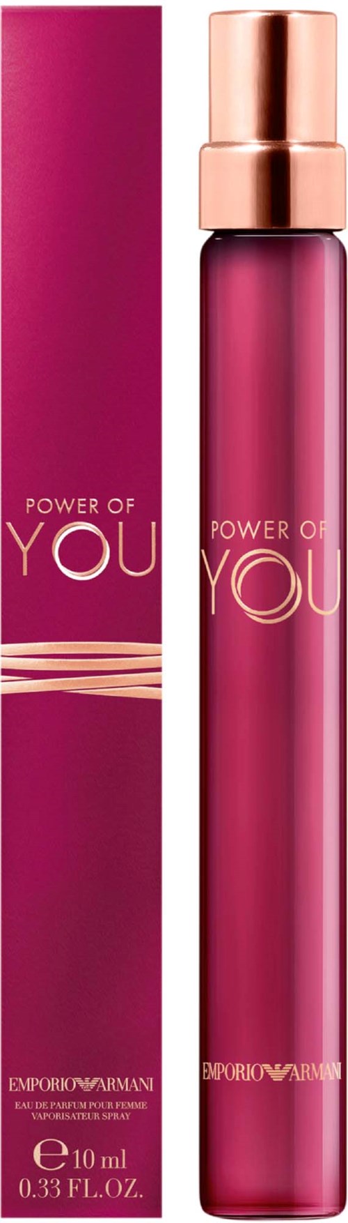 Rosa sprayflaske med gullfarget kork. Esken matcher i farge og design, kalt 'Power of You'.