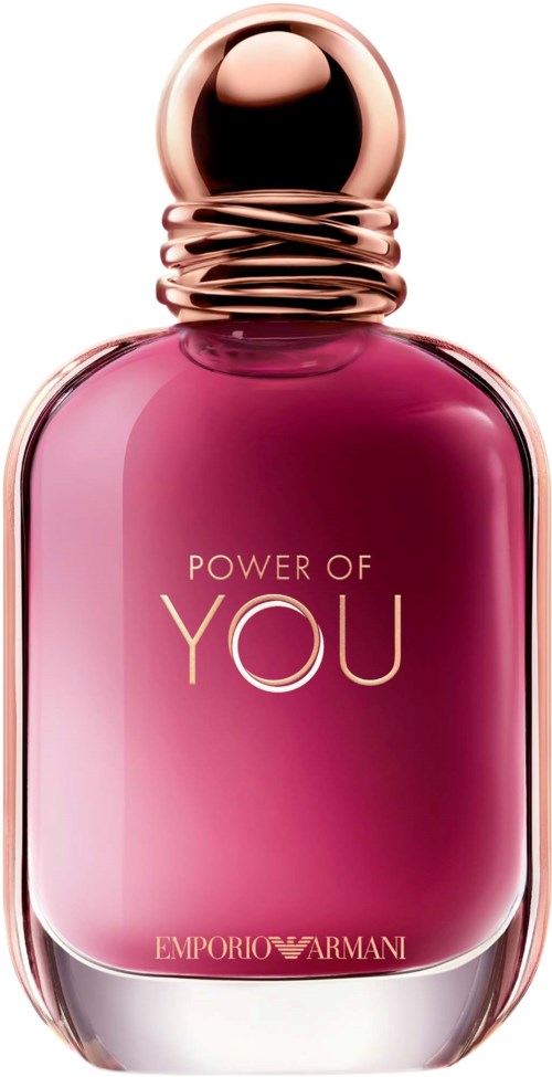 A pink perfume bottle with a rounded rose gold cap, labeled "Power of You" by Emporio Armani.