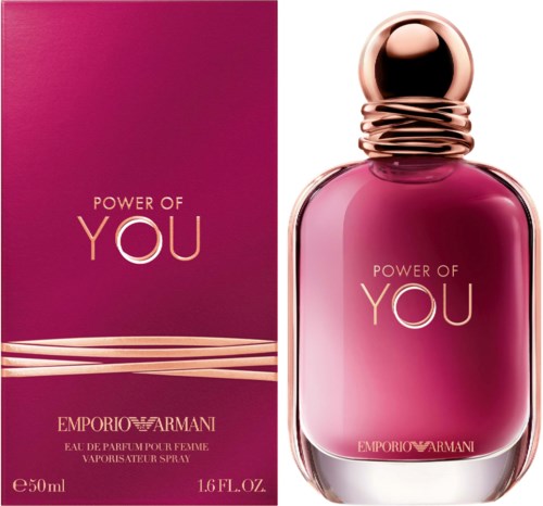 A perfume bottle and box with pink and gold colors, named "Power of You" by Emporio Armani.