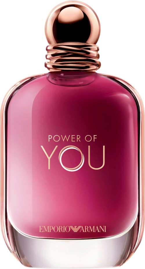 En rosa parfymeflaske med gullfargede bokstaver som sier 'Power of You' og 'Emporio Armani.'