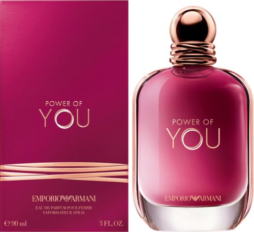 En parfymeflaske og eske med rosa og gullfarger, merket "Power of You" og "Emporio Armani."