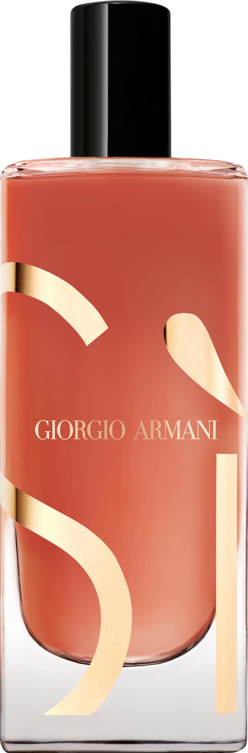 Vaaleanpunainen hajuvesipullon, jossa on musta korkki ja tyylikkäitä kultaisia ja beigejä kuvioita. Merkki on Giorgio Armani.