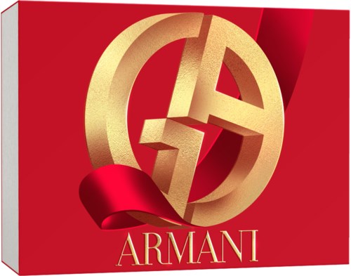 Die Schachtel hat ein großes goldfarbenes Logo mit rotem Hintergrund und dem Wort 'ARMANI' unten.