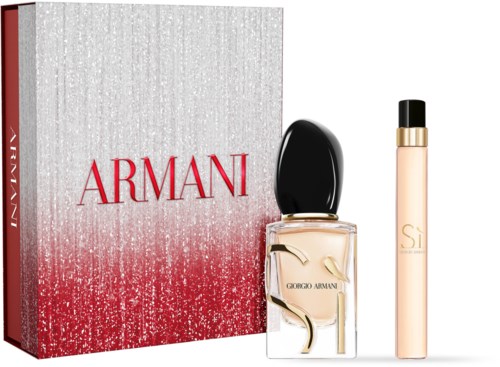 Armani parfumset met een doos, een grote fles en een kleinere spray.