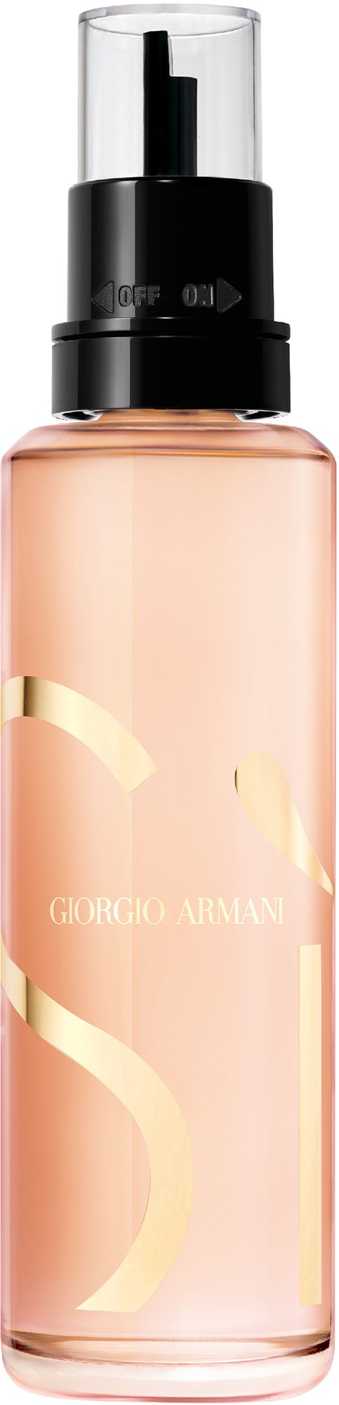 Een roze parfumfles met een zwarte spraydop en gouden ontwerp, gelabeld 'Giorgio Armani'.