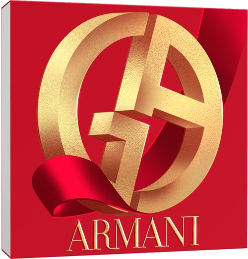 A red box with a gold logo of a stylized letter and the word 'ARMANI' on it.