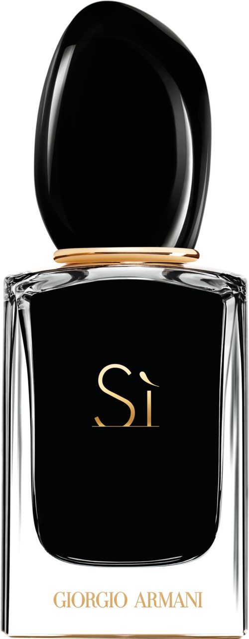 En svart nagellacksflaska med ett guldband och orden "Sì" samt "Giorgio Armani" på.