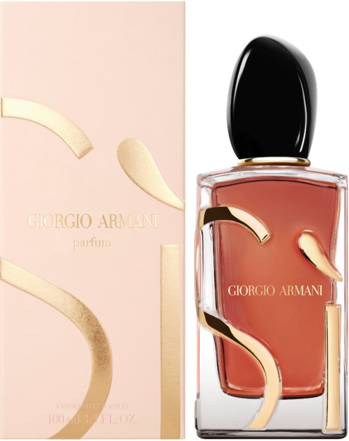 A Giorgio Armani perfume bottle and box, with a pinkish color scheme and elegant gold accents.