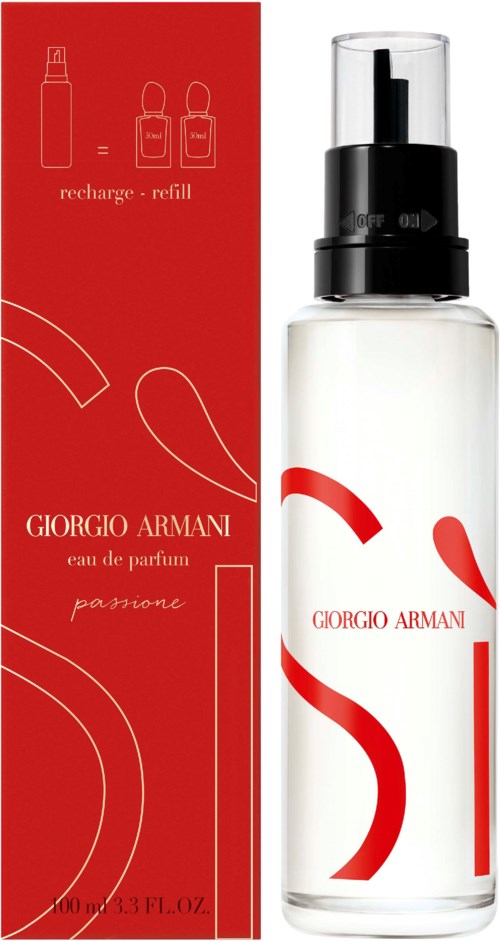Eine Giorgio Armani Parfüfflasche und Verpackung mit rotem und weißem Design, mit den Worten 'passione' und 'recharge refill', 100 ml.