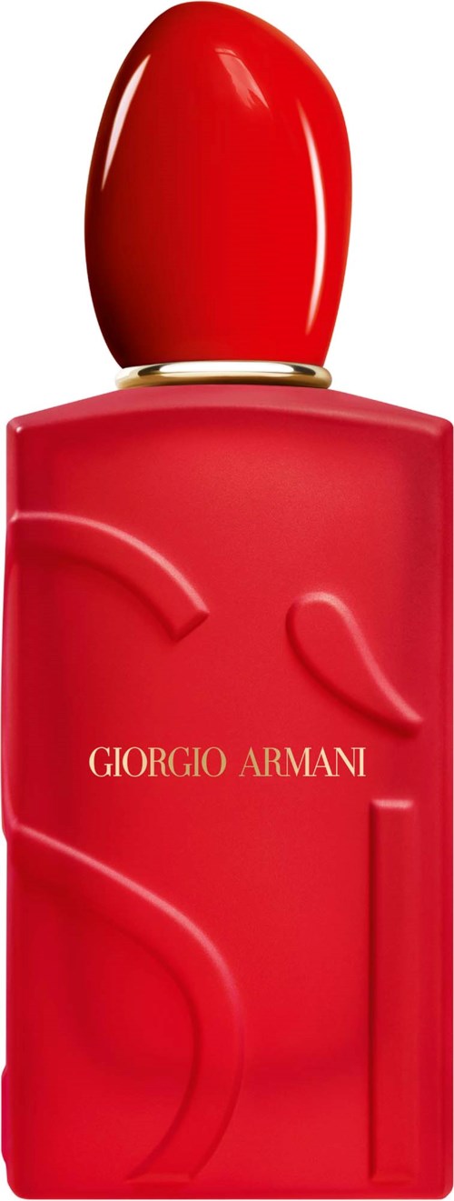 Eine rote Parfümflasche mit gerundeter Spitze und Giorgio Armani geschrieben.