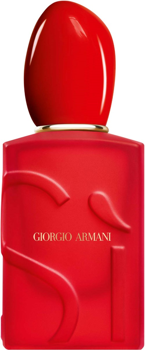 Rote Parfümflasche mit Giorgio Armani-Logo und roter Kappe. Elegantes Design.