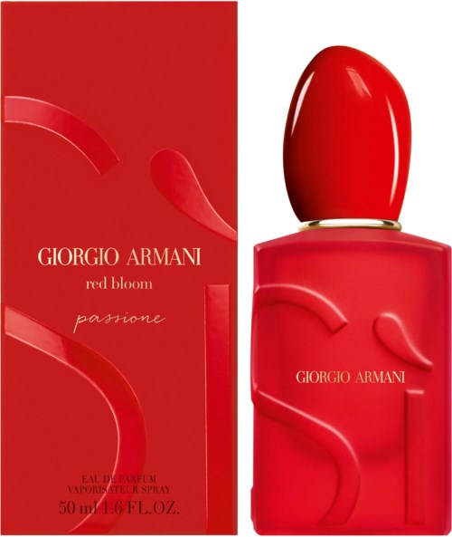 Eine rote Parfümflasche und -box mit Giorgio Armani Branding und künstlerischen Designelementen.