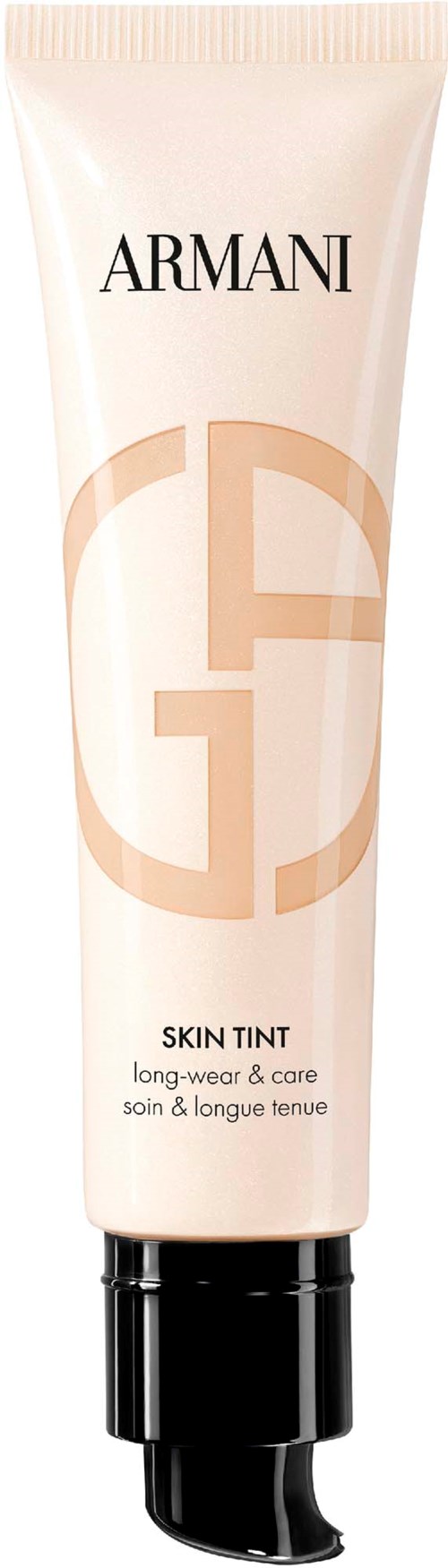 En tub Armani Skin Tint med en logga och svart lock, avsedd för långvarigt bruk och vård.