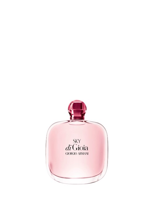 En rosa parfymflaska med rund form och ett lock, märkt Sky di Gioia av Giorgio Armani.