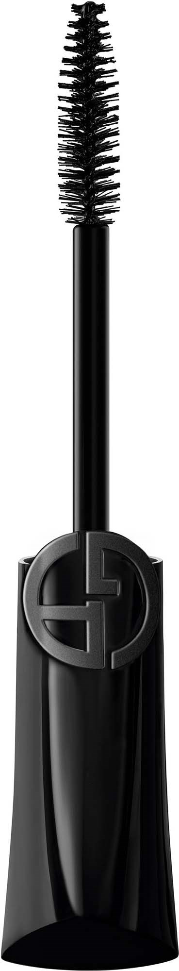 Mascara-Bürste mit spiralförmiger Bürste und schwarzer Hülse. Logo am Griff.