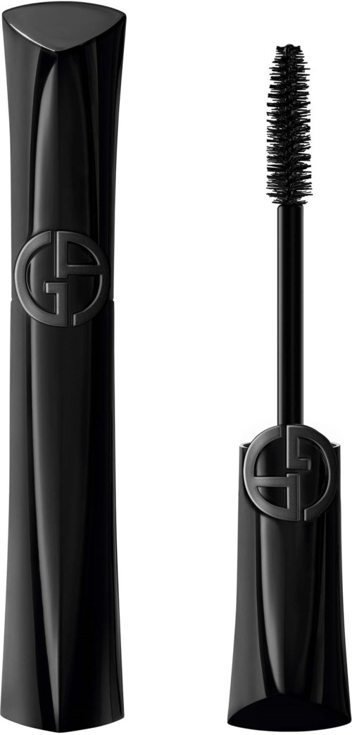 Schwarzer Lippenstift mit geschwungener Verpackung und Wimpernbürste mit passendem schwarzen Deckel und Logo.