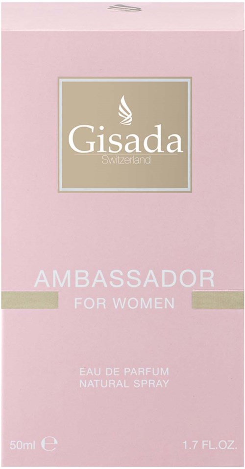 Lyserød emballage med guld- og hvid tekst, der promoverer Gisada parfume til kvinder, 50 ml.