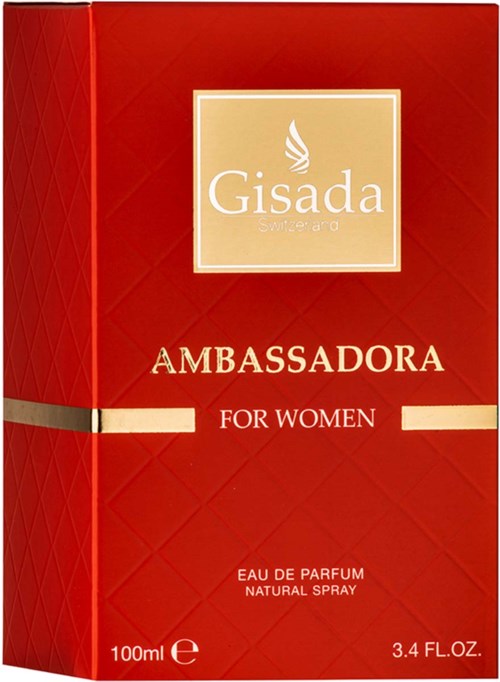 Gisada Sverige Ambassadora parfumeæske til kvinder, rød farve, guld logo og tekst med parfume detaljer.