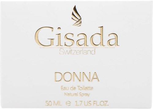 Gisada Donna parfymförpackning, elegant design med guldtitel och logo, vit bakgrund.