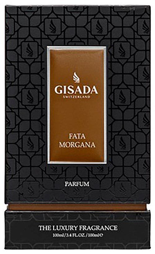 En sort æske med guld- og hvid skrift og mønster, indeholder en parfume ved navn Fata Morgana af Gisada Switzerland.