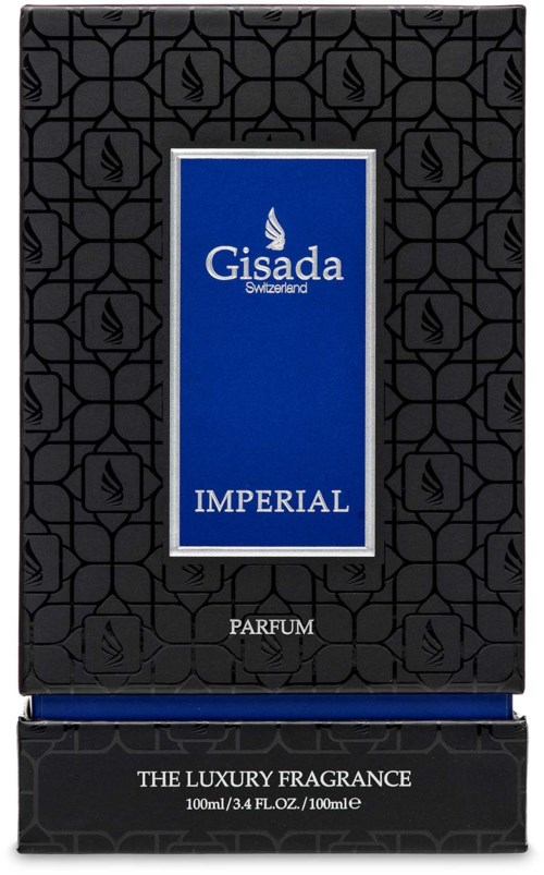 Esken er sort med mønster, med en blå etiket, der der står 'Gisada Switzerland' og 'Imperial Parfum'.