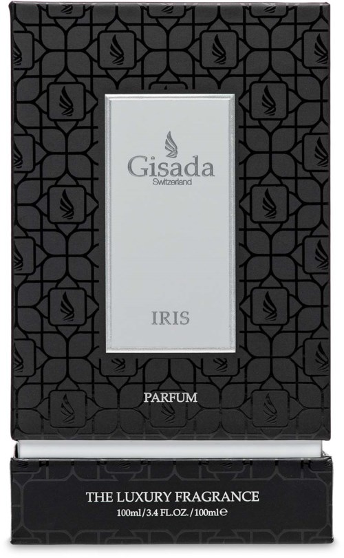 Sort æske med hvid etikette, der siger Gisada Schweiz og Iris. Det er en parfume gaveæske.