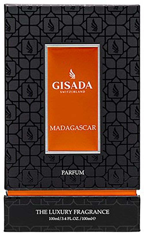 En sort boks med orange etiket siger Gisada Madagascar parfume, luksusduft, 100 ml.