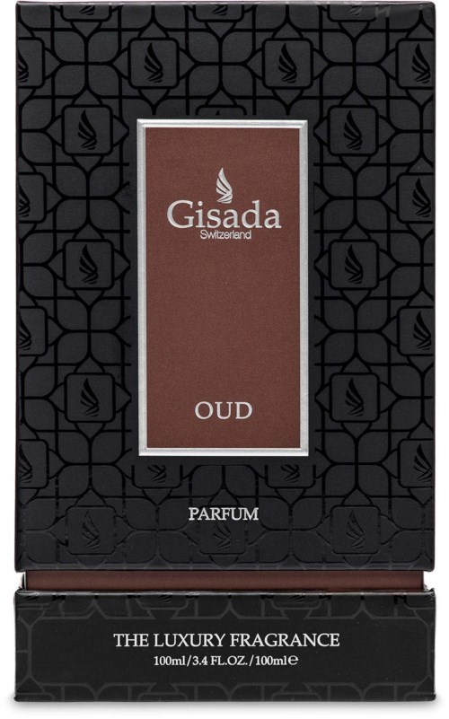En sort boks med et mønstret baggrund og en central etikett til Gisada duft, mærket 'OUD' og 'parfum' nederst.