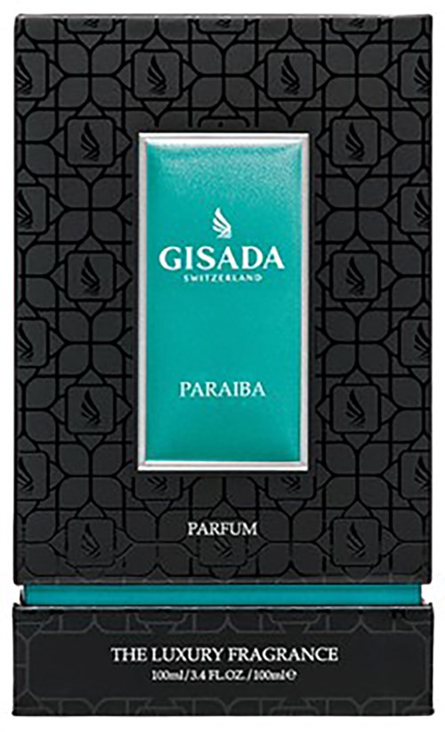 En sort æske med blå label viser Gisada Paraiba parfum, 100 ml, luksuriøs duft.