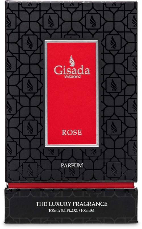 En sort æske med rød label, der viser 'Gisada Switzerland' og 'ROSE'. Den er til parfume, med elegant design og tekst.