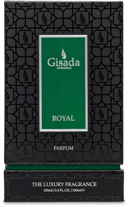 En sort æske med sort mønster baggrund, grøn midteretiket og hvid tekst siger Gisada Switzerland Royal Parfum.