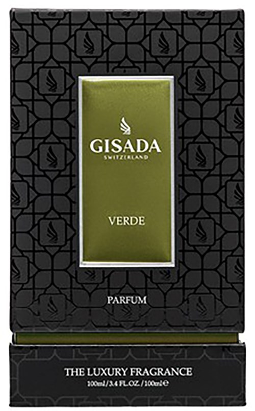 En sort boks med en grøn etiket, der siger Gisada Schweiz, Verde, og Parfume. Det er en luksusparfumeæske.