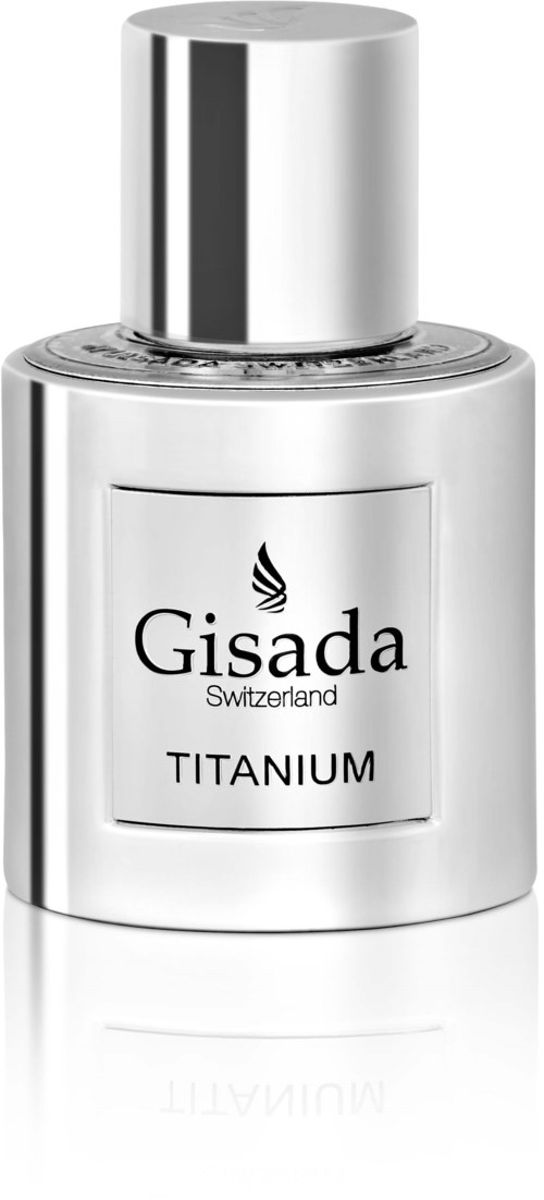 En lille sølvfarvet sprayflaske med en sort-hvid etiket, der siger Gisada Schweiz Titanium.