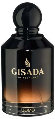 En sort flaske med guld- og hvid tekst, mærket Gisada Switzerland Uomo, sandsynligvis parfumefragrance.