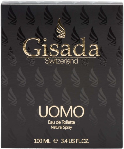 En svart box med guld- och vitt text: Gisada Schweiz UOMO Eau de Toilette, 100 ml, naturlig spray.