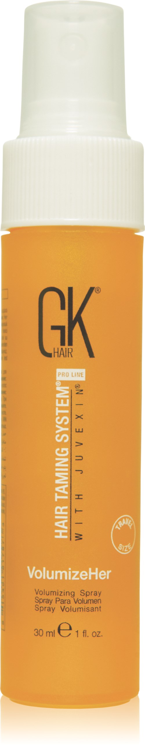 Oransje flaske med hvit pump, merket 'GK Hair,' for hårvolumenspray, 30 ml.