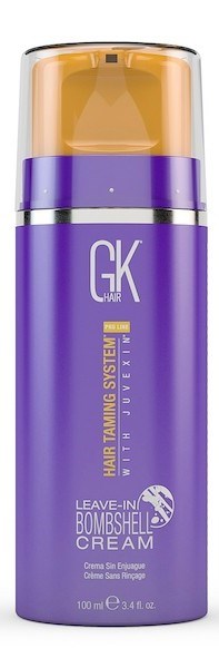 Purple bottle with orange cap, labeled GK Char, hair leave-in cream for busy, rapid, and safe hair care.
