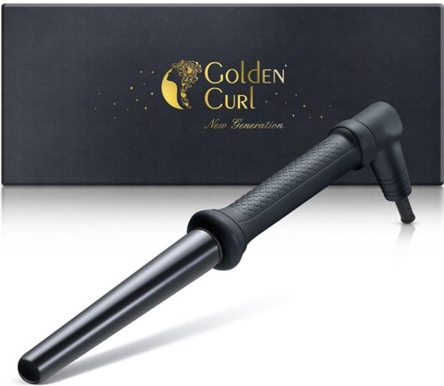 En hårrullningsapparat med långt handtag och en låda med guldfärgad och svart design som säger 'Golden Curl New Generation.'