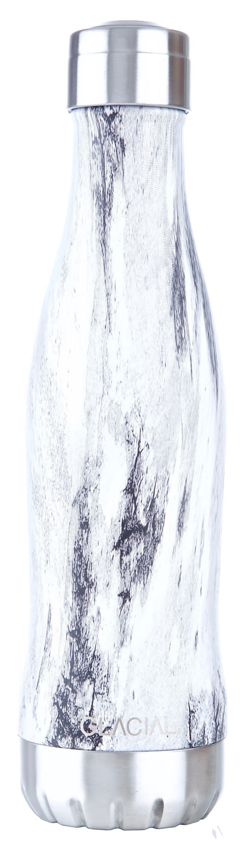 En lång, elegant vattenflaska med silverlock och mönster av marmor på kroppen.