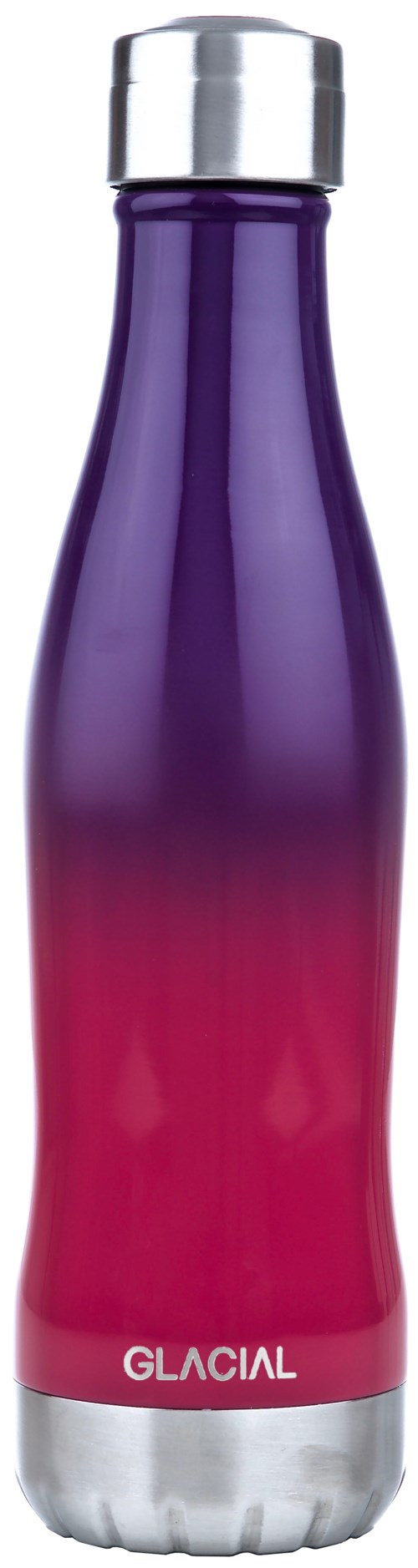 En lång vattenflaska med gradient från lila till rosa, med silverlock och märket 'GLACIAL' längst ner.