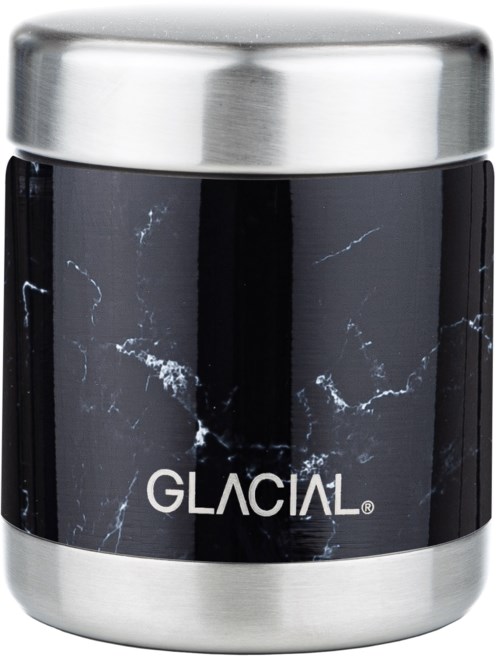A black jar with silver top and bottom, labeled 'GLACIAL', featuring a marble-like pattern on the surface.