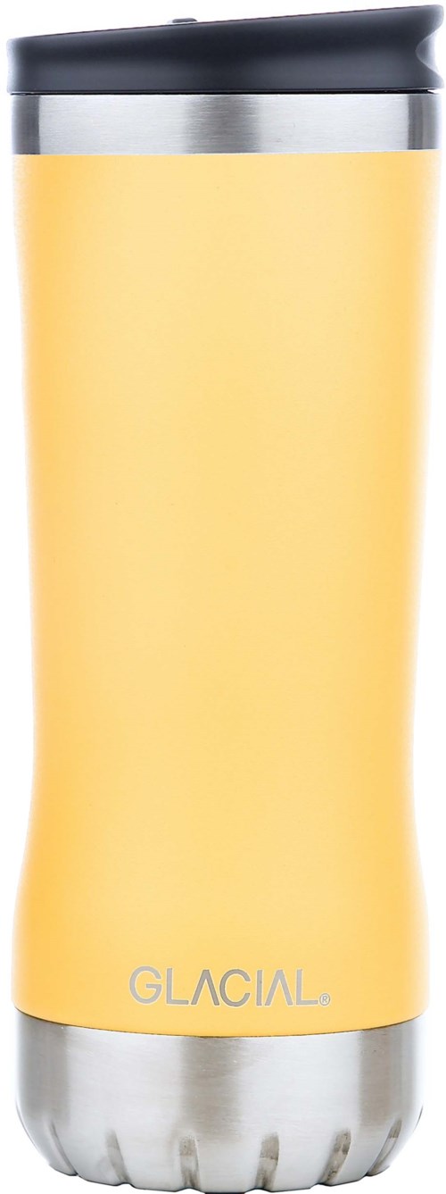 Keltainen matkajoogThis is a travel mug with a yellow body, black lid, and silver base, labeled 'GLACIAL'.
