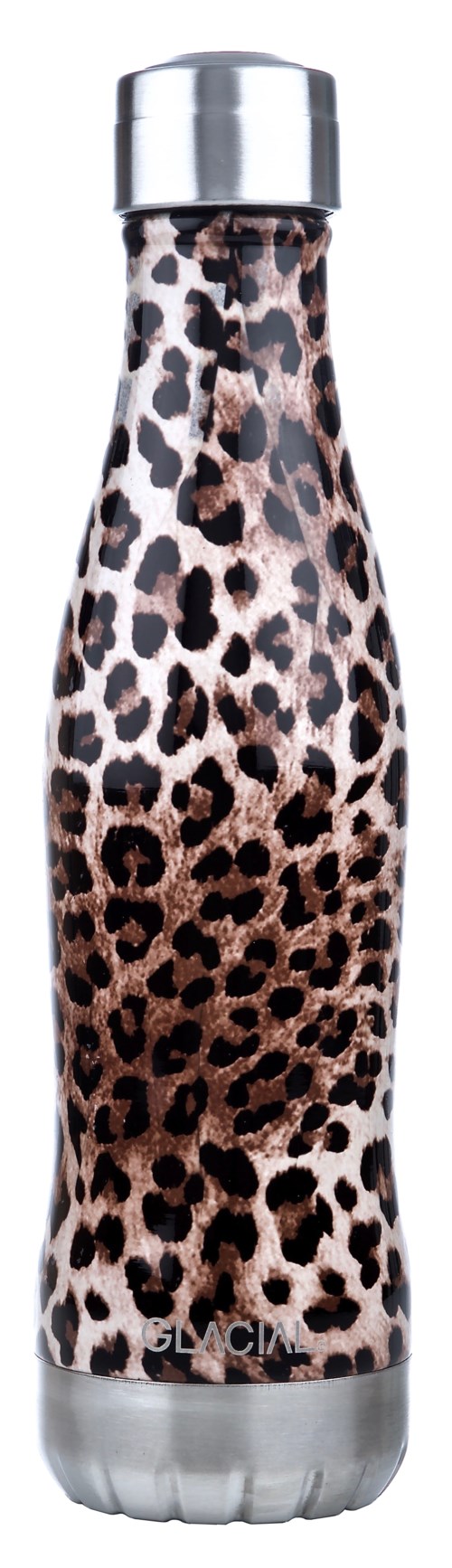 En metalflaske med leopardprint design og sølvhætte.