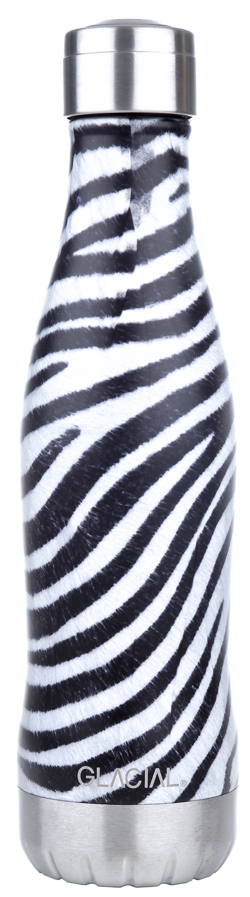 En vannflaske med zebra-mønster og sølvfarge lokk.