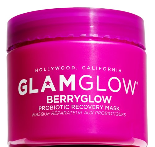 Rosa burk med GlamGlow BerryGlow probiotisk återhämtningsmask med vitt text och ett rosa lock.