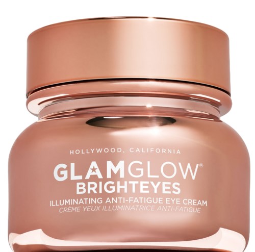 En persikfärgad burk av GlamGlow BrightEyes ögonskym crème med ett runt lock och vit text.
